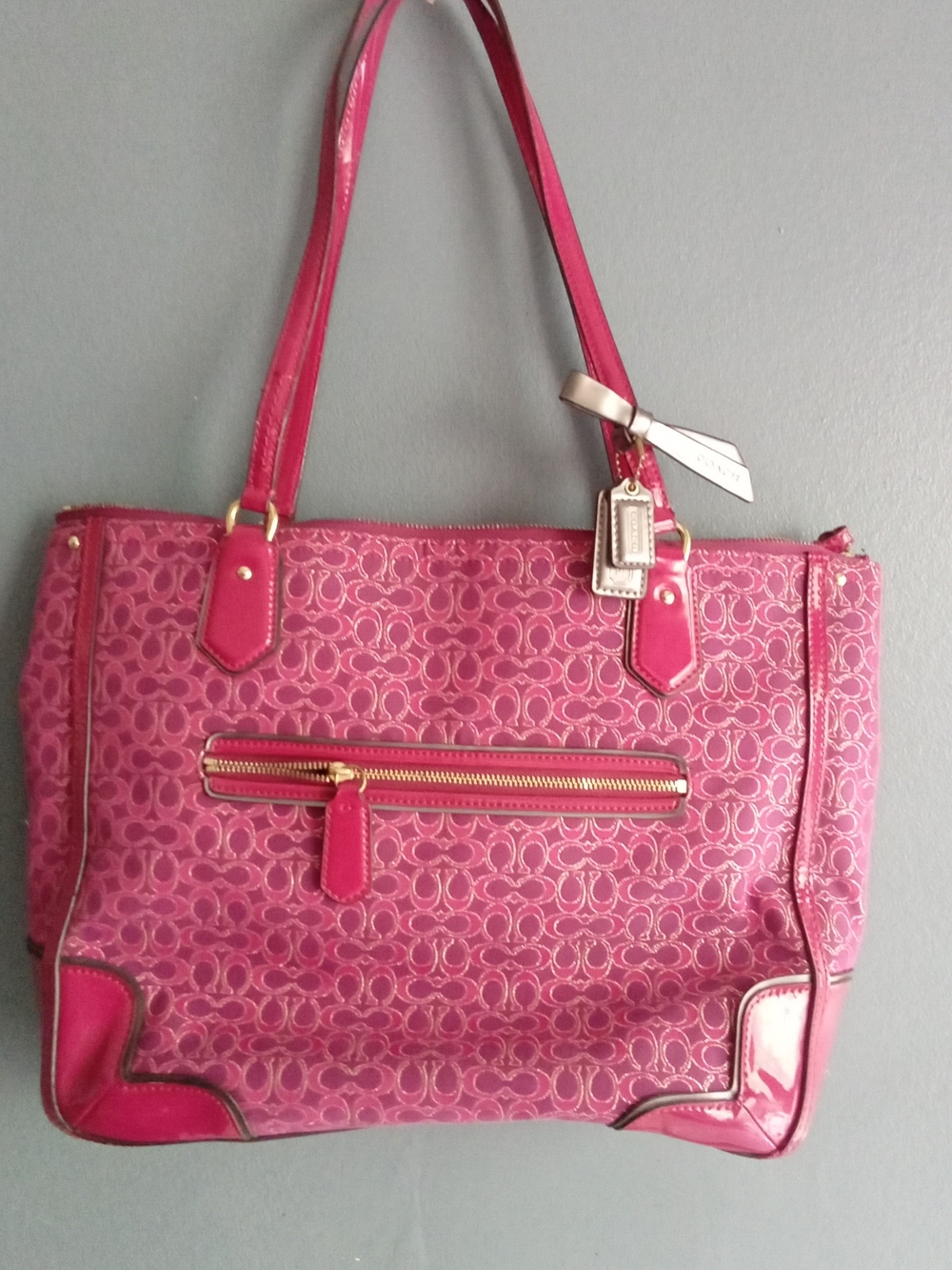 Coach Poppy Pink Signature C Monogram Patent Leather Tote Bag Gold Hardware